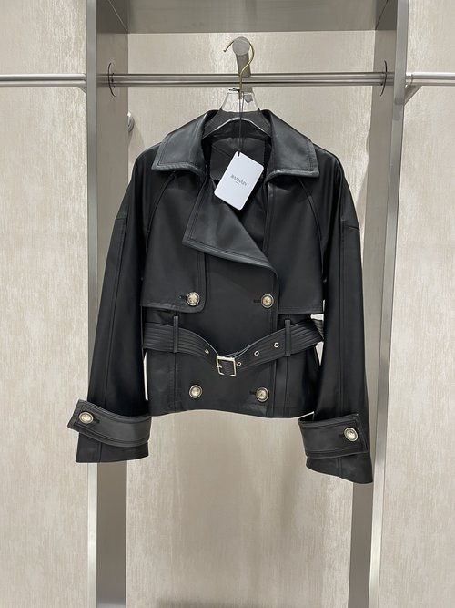 Balmain Sheepskin Short Trench Coat with Waist - cinching Elegance