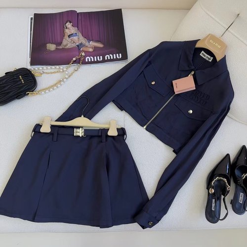 Miu Miu Stylish Denim Rayon Blend Suit Set with Logo Decoration