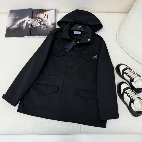 Prada Casual Utility Hooded Windbreaker with Waist Drawstring