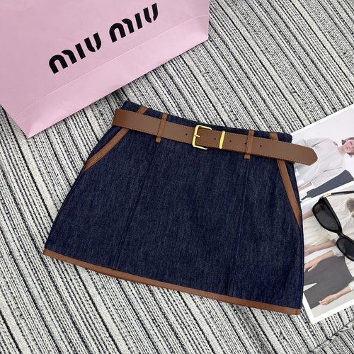 Miu Miu Spring-Summer Mu Series: Embroidered Patch-Trimmed Denim Skirt