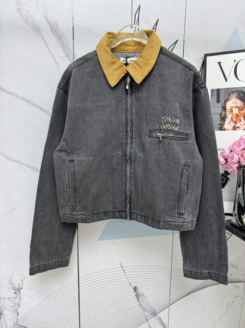 Miu Miu Corduroy Collar Denim Jacket, Classic Flip Collar and Exquisite Embroidery