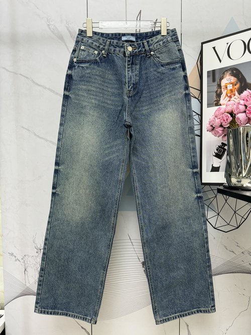 Prada Timeless Triangle Logo Straight Jeans, Soft and Flattering