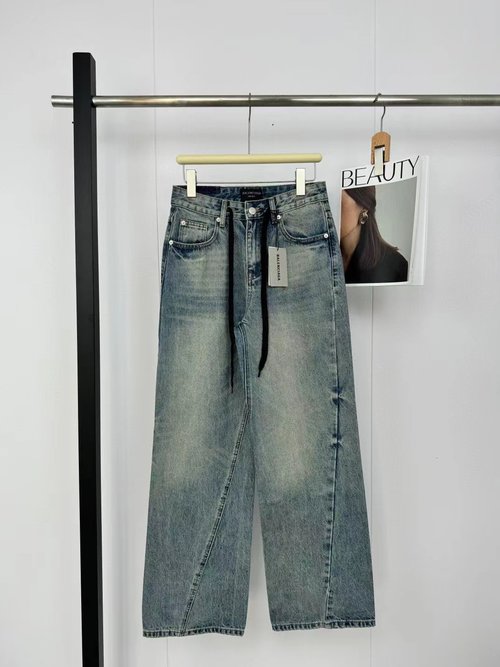 Balenciaga Irregular Rope-draw Denim Trousers with Vintage Wash and Distressed Style