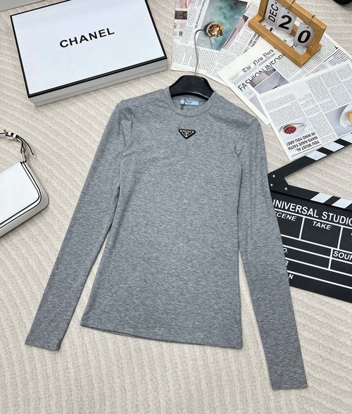 Prada High - Elasticity Cotton Long - Sleeve Round - Neck T - Shirt for Layering