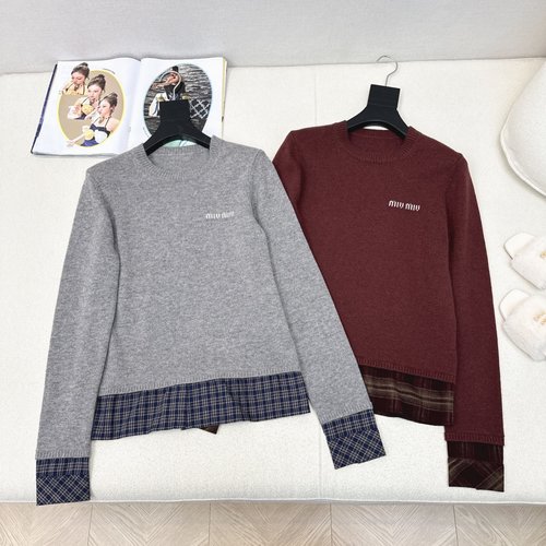 Miu Miu Checked Patchwork Round Neck Sweater with Customized Yarn