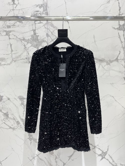 Yves Saint Laurent Sequined Lace-Collar Dress for a Graceful Appearance