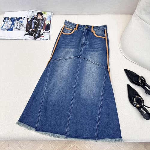 Miu Miu Denim Mermaid Skirt with Back Logo and Contrast Lines