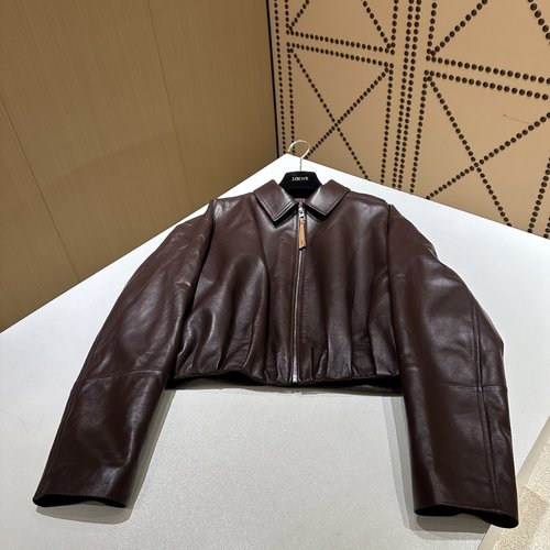 Loewe Fashionable Single Leather Outerwear in Wine Red and Black with Imported Lambskin