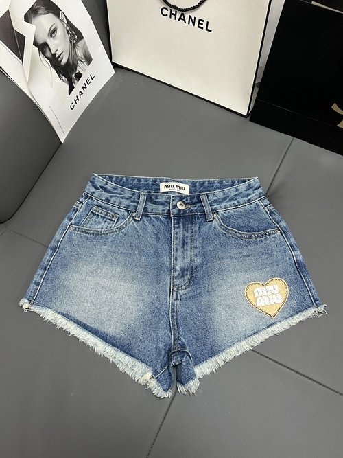 Miu Miu Embroidered Fringe Denim Shorts for Stylish Summer Attire