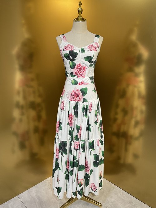 Dolce & Gabbana Cotton Fitted Top and Long Skirt with Single Rose Print
