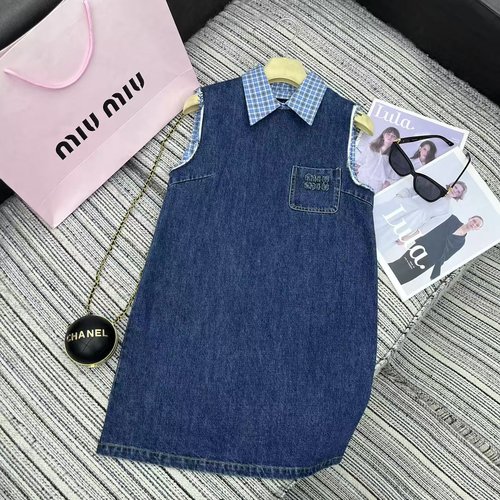 Miu Miu Grid-Collared Sleeveless Denim Vest Dress with Embroidered Pocket