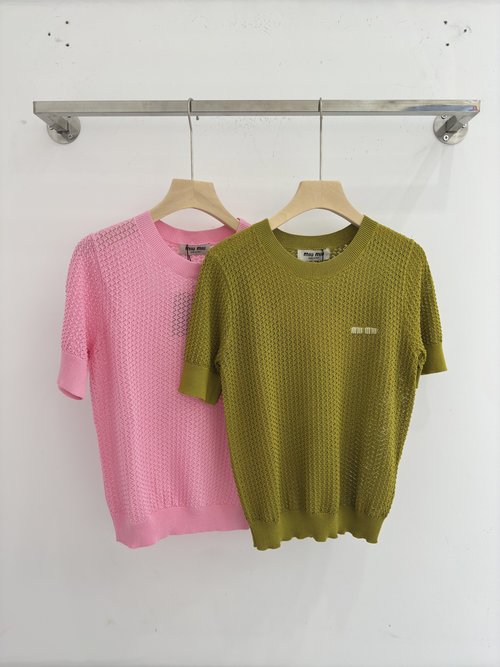 Miu Miu Breathable Round-Neck Knit Short-Sleeved Top with Hollow Design