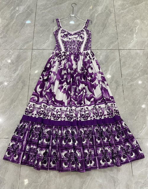 Dolce & Gabbana Cotton Corset 5-Meter Flared Strappy Dress with Purple Glaze