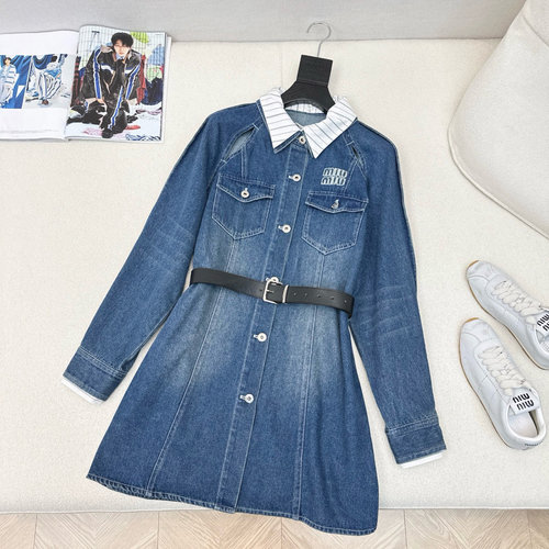Miu Miu Retro-Style Denim Dress with Contrasting Collar and Metal Belt