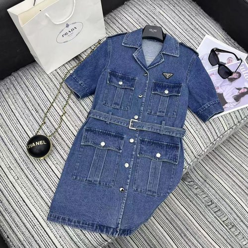 Prada Recommended Pra Series Workwear Denim Dress with Inverted Triangle Logo