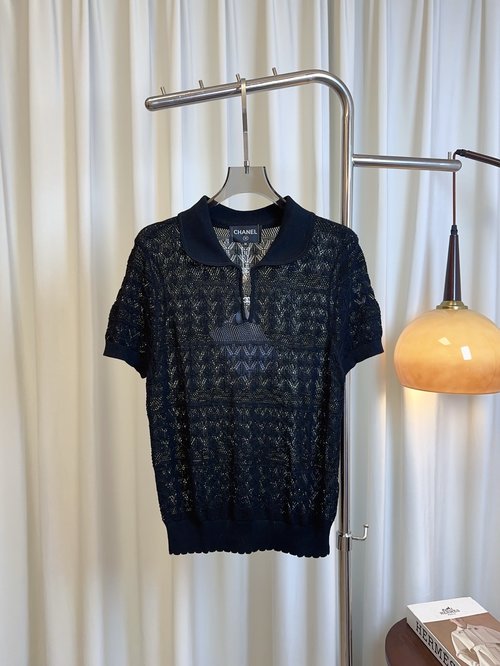 Chanel Custom Tencel Collared Top with Double C Studded Logo, Elegant and Necessary