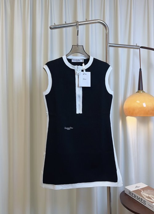 Dior Silk-Cotton Half-Zip Vest Dress with Embroidered Logo, Elegant Style