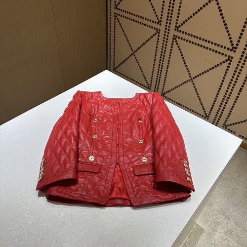 Balmain Luxury Lambskin Coat with 3D Embroidery and Stylish Gold Buckle