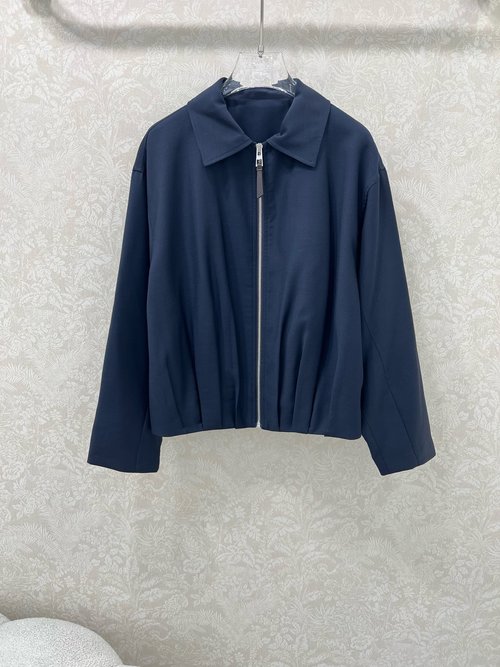 Loro Piana Sophisticated Ruffled Zipper Jacket with Custom Hardware and Leather Label