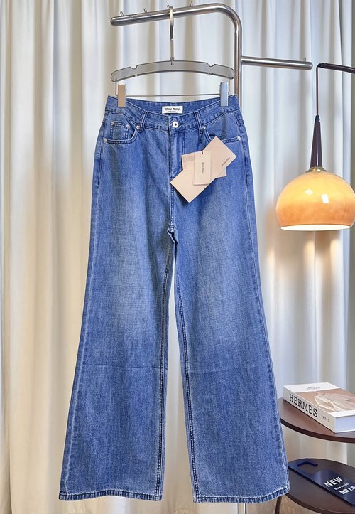 Miu Miu Distressed Logo Jeans with Back Pocket, Straight-leg Wide-leg Style