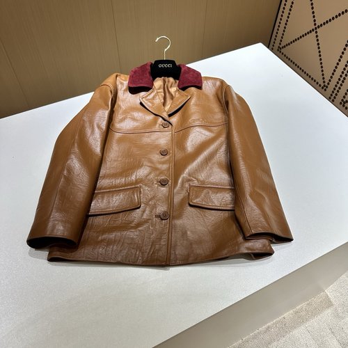 Gucci Genuine Leather Coat with Embroidered Collar and High - quality Hardware