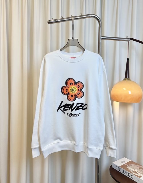 Kenzo New Begonia Flower Series Printed Hoodie with Flocked Logo in White/Black