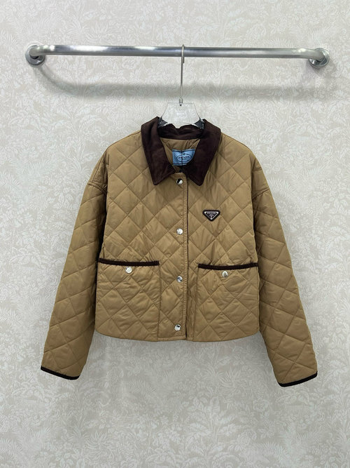 Prada Checkered Short Puffer Jacket with Triangle Logo, High - Quality and Stylish