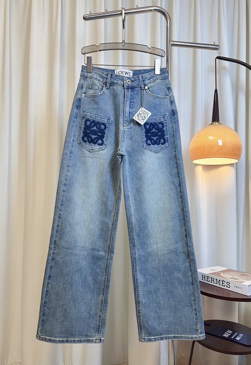 Loewe Front Pocket Embroidered Logo Wide-Leg Jeans, Soft and Stylish