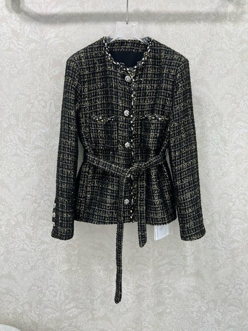 Chanel Beaded Woolen Coat with Silk Lining and Camellia Decoration