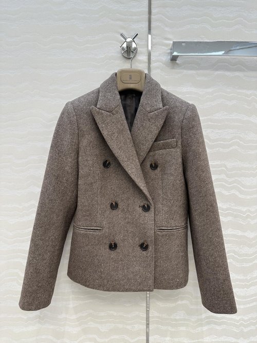 Brunello Cucinelli Twill Wool Double-Breasted Blazer with Copper Chain Accents