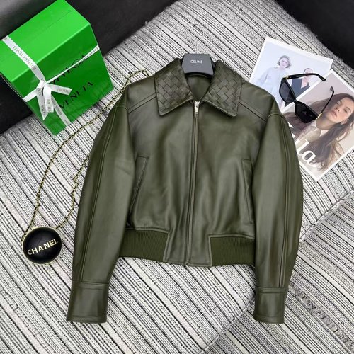 Bottega Veneta Recommended BV Series Knitted Collar Leather Jacket, 100% Lambskin