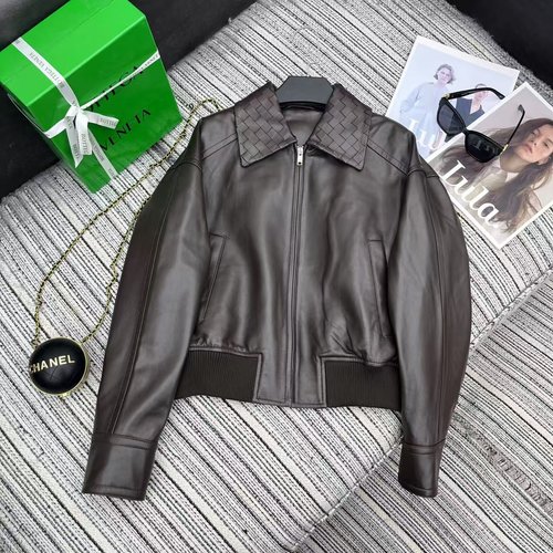 Bottega Veneta Recommended BV Series Knitted Collar Leather Jacket, 100% Lambskin