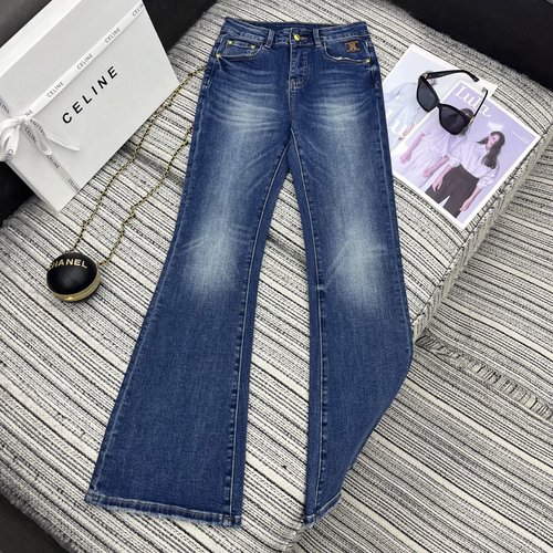 Celine Recommended Arch Leather Embroidery Flared Jeans with Elegant Wash