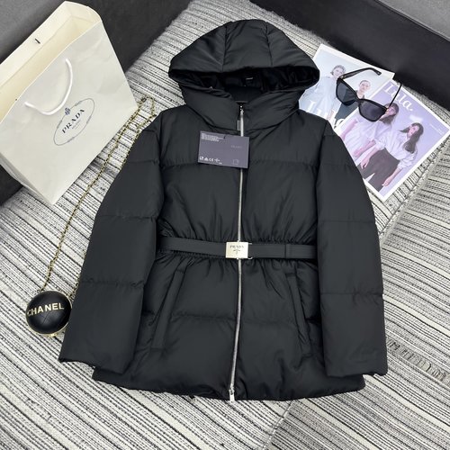 Prada Hooded Padded Jacket with Elastic Waist and Custom Belt, Filled with 90% White Goose Down