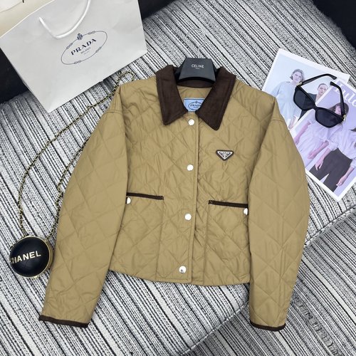 Prada Corduroy Collared Diamond Patterned Cotton Jacket with Zipper