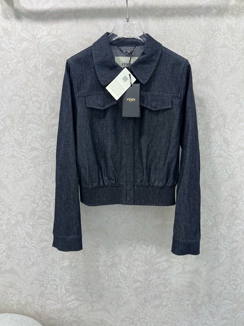 Fendi Vintage-Style Denim Jacket with Gathered Waist and Classic Lapel