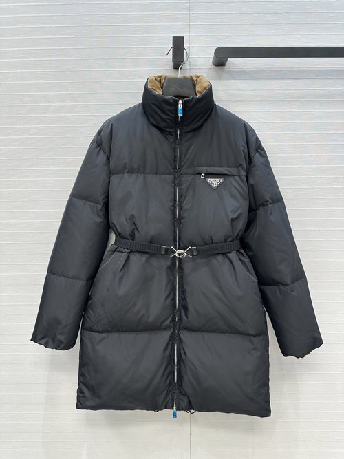 Prada Recycled Nylon Series Belted Mid-length Down Jacket