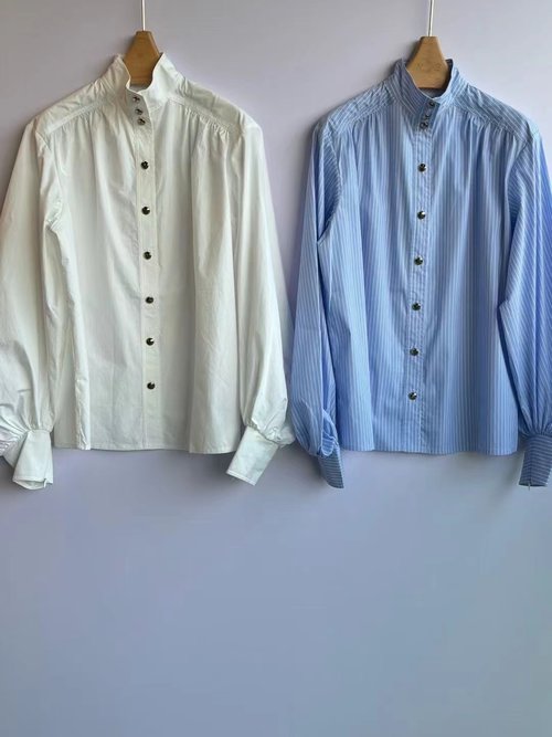 Zimmermann Hypnotic Series Cotton Striped Shirt with High Collar and Lantern Sleeves