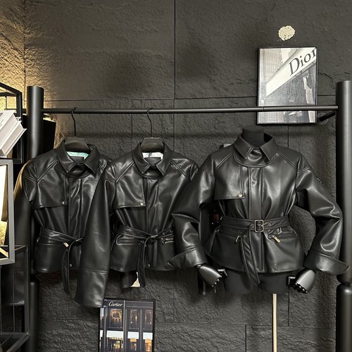 Burberry Soft Leather Cropped Motorcycle Jacket with Waist Belt, Two Color Options