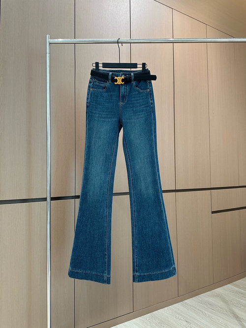 Celine Designer Flared Jeans with Belt and Unique Decoration