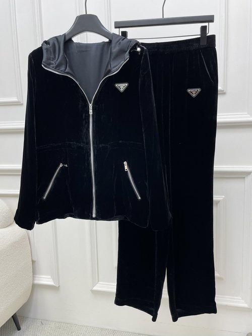 Prada Silk - Velvet Suit with Waist Drawstring and Soft Fabric