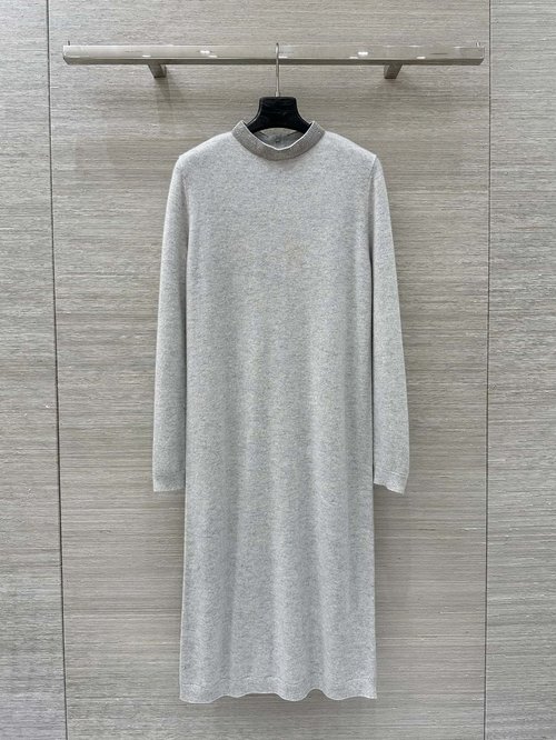 Brunello Cucinelli Exclusive First Release: Luxury Cashmere Dress with Chain - Embroidered Collar