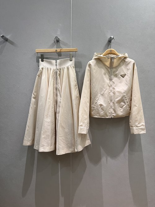 Prada Triangular Emblem Nylon Hooded Coat with Umbrella Skirt