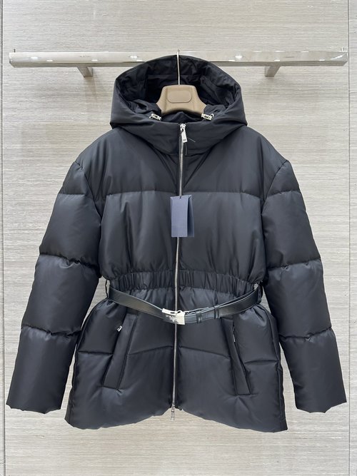 Prada Recycled Nylon Hooded Waistcoat with Metal Buckle Belt