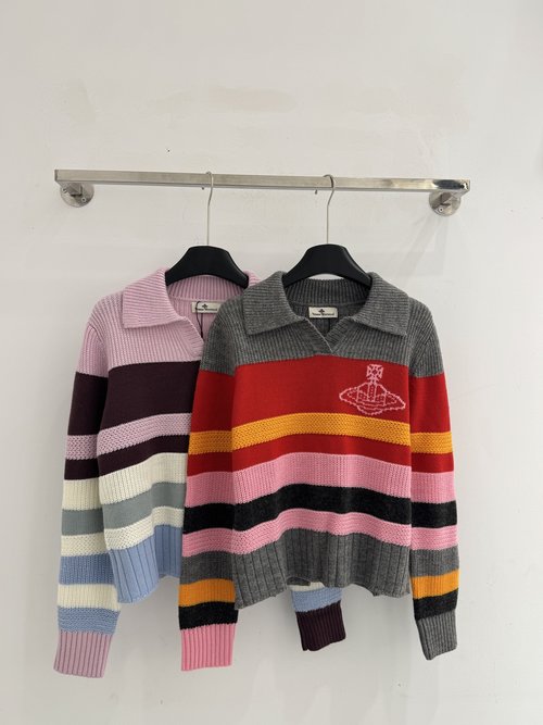 Vivienne Westhood Casual Loose Collared Top with Colorful Stripes and Saturn Embroidery