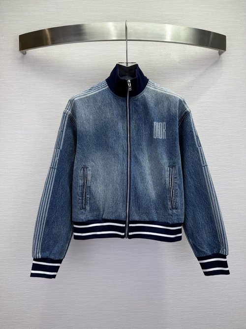 Dior Denim Jacket with Letter Stripes and Ribbed Splicing
