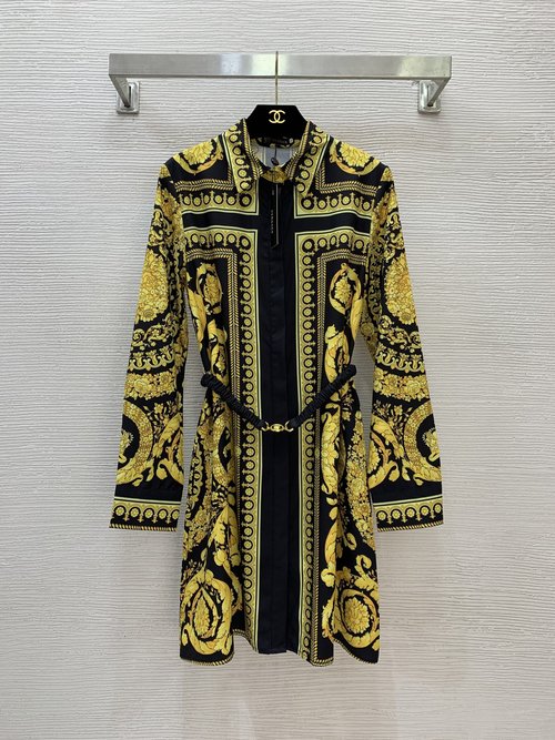 Versace Baroque Printed Button-Down Long Sleeve Dress with Gold Buckle