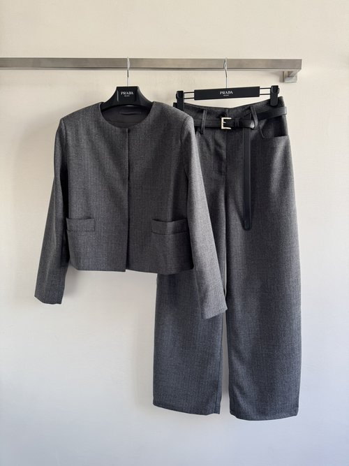 Prada Grey Suit Set with Triangle Logo and Double Pockets