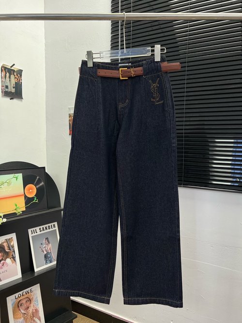 Yves Saint Laurent High-Waisted Straight Jeans with Belt and Embroidery