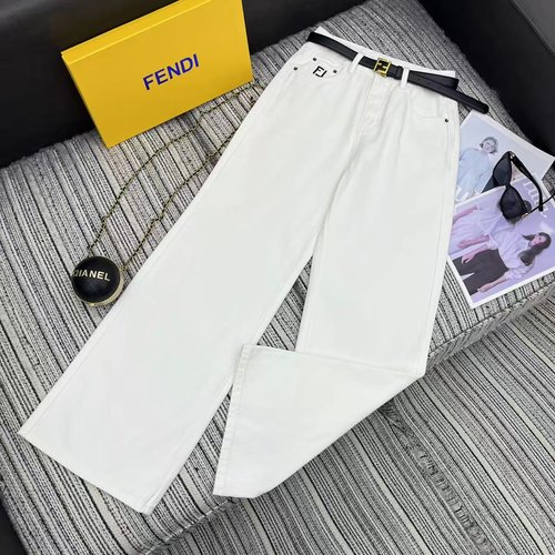 Fendi New Embroidered Double F Pocket Denim Straight - Leg Trousers with a Belt